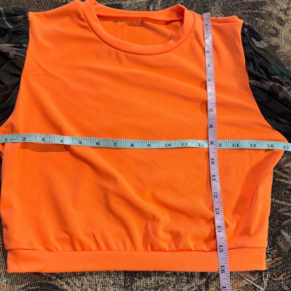 Orange Camo Puff Sleeve Crewneck Top Ruched Military Print Blouse Medium - Picture 6 of 6